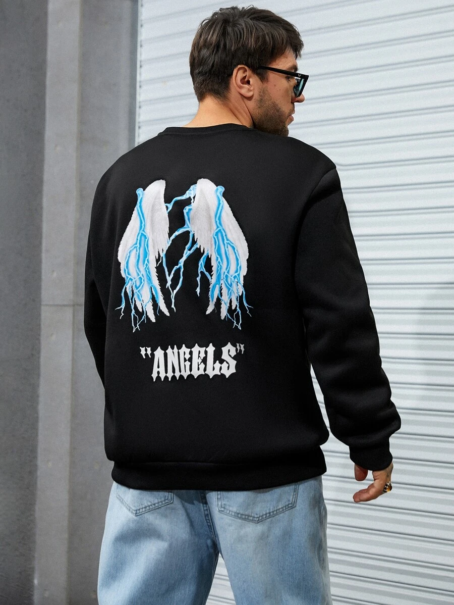 Manfinity Men Plus Wings And Letter Graphic Sweatshirt - Black - View 1