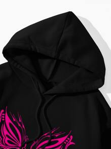 SHEIN EZwear Butterfly & Letter Graphic Kangaroo Pocket Drawstring Thermal Hoodie - Black - View 5