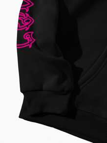 SHEIN EZwear Butterfly & Letter Graphic Kangaroo Pocket Drawstring Thermal Hoodie - Black - View 6