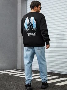 Manfinity Men Plus Wings And Letter Graphic Sweatshirt - Black - View 4