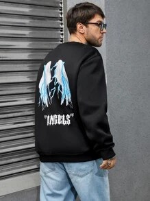 Manfinity Men Plus Wings And Letter Graphic Sweatshirt - Black - View 5