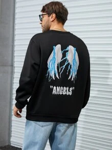 Manfinity Men Plus Wings And Letter Graphic Sweatshirt - Black - View 6