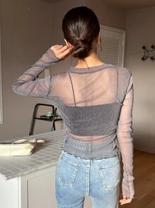 DAZY 生菜邊釦前透明上衣,不含內搭背心 - 灰色 - 查看 2