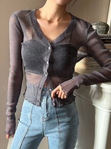 DAZY 生菜邊釦前透明上衣,不含內搭背心 - 灰色 - 查看 3