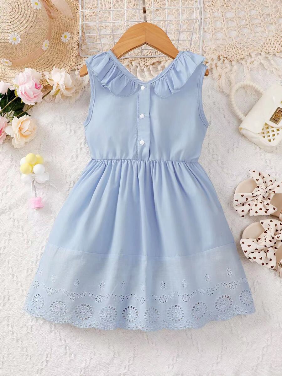 Toddler Girls Ruffle Trim Eyelet Embroidery Scallop Trim Button Front Dress - Blue - View 1