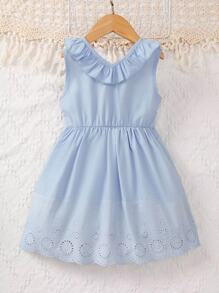 Toddler Girls Ruffle Trim Eyelet Embroidery Scallop Trim Button Front Dress - Blue - View 2