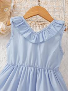 Toddler Girls Ruffle Trim Eyelet Embroidery Scallop Trim Button Front Dress - Blue - View 3