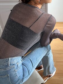 DAZY 生菜邊釦前透明上衣,不含內搭背心 - 灰色 - 查看 5