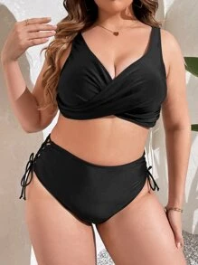 SHEIN Swim Curve Plus Size Solid Wrap Bikini Set Summer Beach - Black - View 1