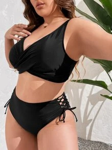 SHEIN Swim Curve Plus Size Solid Wrap Bikini Set Summer Beach - Black - View 3