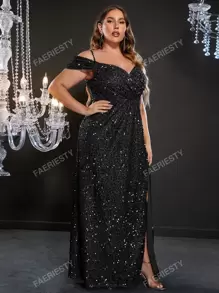 Plus Off Shoulder Split Thigh Sequin Formal Dress Black Elegant Prom Evening Wedding Guest Gown, For Graduation, Dinner Party Dress