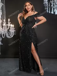 Plus Off Shoulder Split Thigh Sequin Formal Dress Black Elegant Prom Evening Wedding Guest Gown, For Graduation, Dinner Party Dress