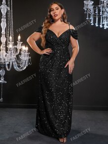 Plus Off Shoulder Split Thigh Sequin Formal Dress Black Elegant Prom Evening Wedding Guest Gown, For Graduation, Dinner Party Dress