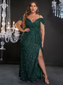 Đầm dạ hội cỡ lớn dành cho nữ, kiểu dáng trễ vai, xẻ cao, đính sequin, thanh lịch, thích hợp cho các buổi dạ tiệc, đám cưới, lễ tốt nghiệp và các dịp trang trọng khác. - Màu xanh lá cây đậm - Xem 1