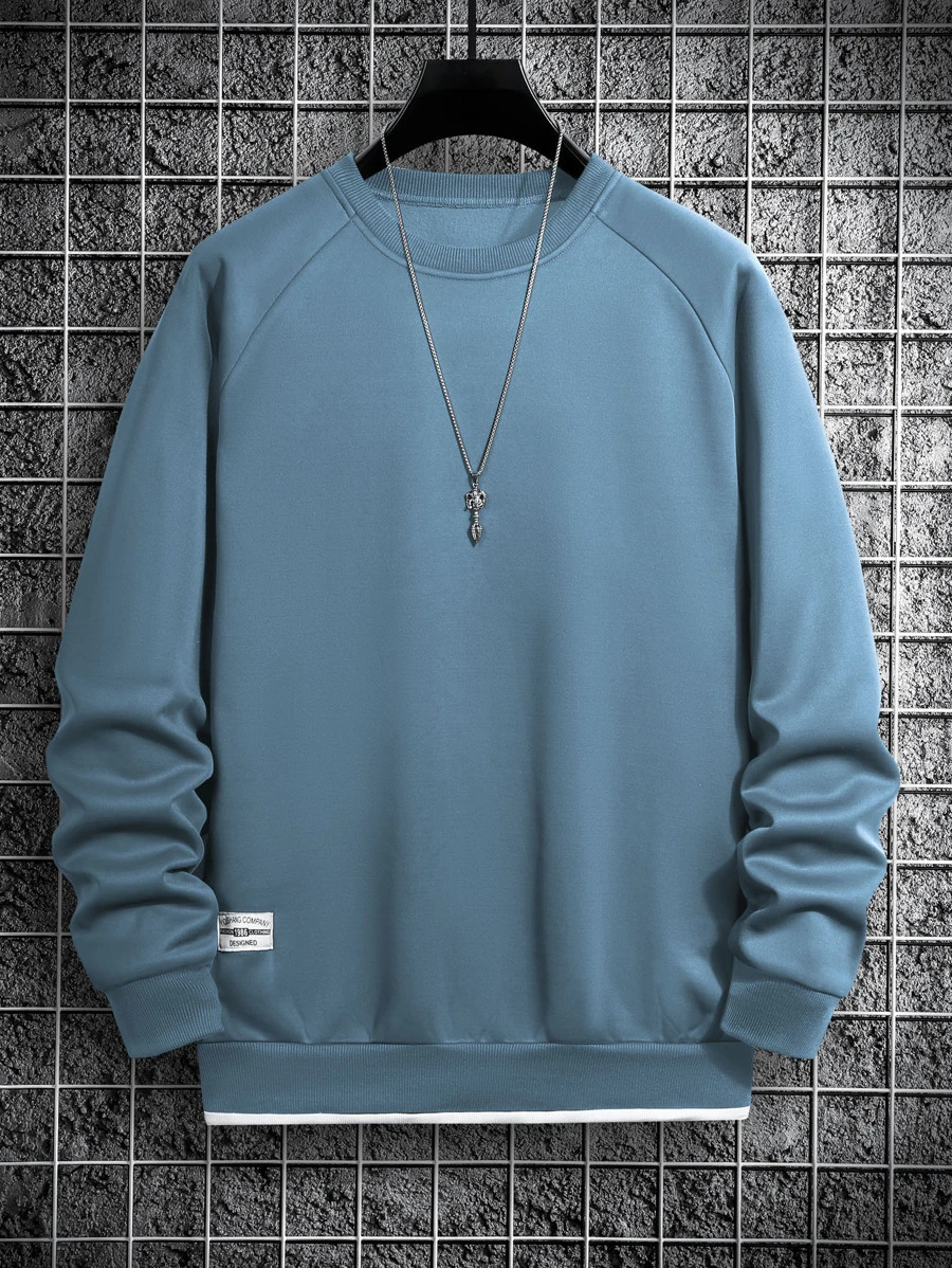 Manfinity Homme Men Letter Patched Raglan Sleeve Contrast Trim Sweatshirt - Dusty Blue - View 1