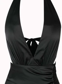 SHEIN BAE Đầm Lộ Lưng Xù Buộc lại Tách cao màu trơn Thanh lịch - màu đen - Xem 8