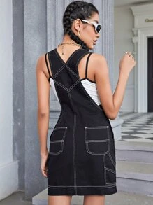 Pocket Front Pinafore Denim Dress - Black - View 3