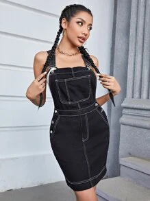 Pocket Front Pinafore Denim Dress - Black - View 6