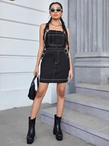 Pocket Front Pinafore Denim Dress - Black - View 1