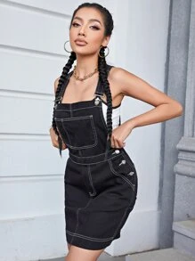 Pocket Front Pinafore Denim Dress - Black - View 2