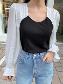 DAZY Two Tone Flounce Sleeve Blouse - Black and White - View 3