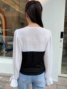 DAZY Two Tone Flounce Sleeve Blouse - Black and White - View 2