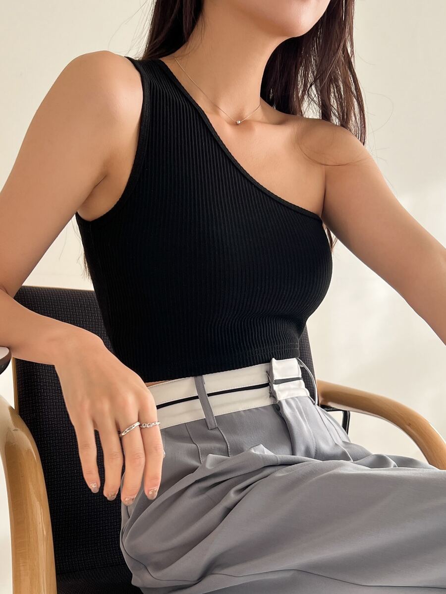 DAZY Áo thun một vai dệt kim kiểu dáng gợi cảm dành cho nữ, áo đi chơi - màu đen - Xem 1