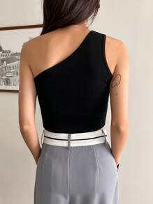 DAZY Áo thun một vai dệt kim kiểu dáng gợi cảm dành cho nữ, áo đi chơi - màu đen - Xem 2