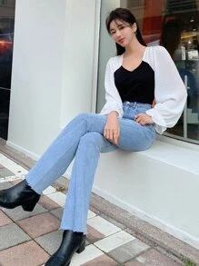 DAZY Two Tone Flounce Sleeve Blouse - Black and White - View 6