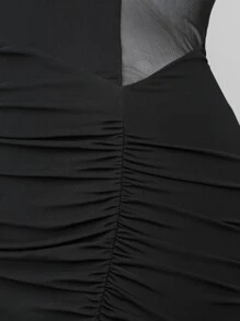 SHEIN BAE One Shoulder Ruched Mesh Overlay Bodycon Dress - Black - View 8