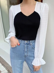DAZY Two Tone Flounce Sleeve Blouse - Black and White - View 7