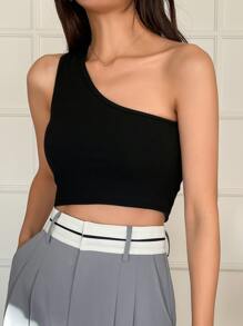 DAZY Áo thun một vai dệt kim kiểu dáng gợi cảm dành cho nữ, áo đi chơi - màu đen - Xem 6