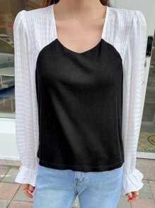 DAZY Two Tone Flounce Sleeve Blouse - Black and White - View 8