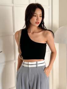 DAZY Áo thun một vai dệt kim kiểu dáng gợi cảm dành cho nữ, áo đi chơi - màu đen - Xem 8