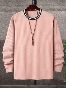Manfinity Men Striped Trim Ribbed Knit Tee Without Necklace - Baby Pink - View 1