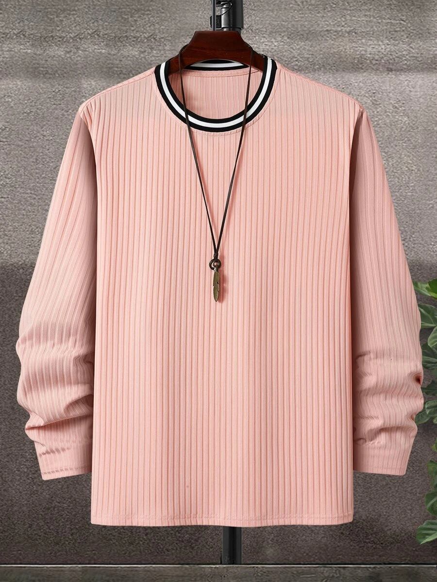 Manfinity Men Striped Trim Ribbed Knit Tee Without Necklace - Baby Pink - View 1