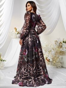 YISIKADO 混合印花燈籠袖雪紡長連衣裙 - 彩色 - 查看 2
