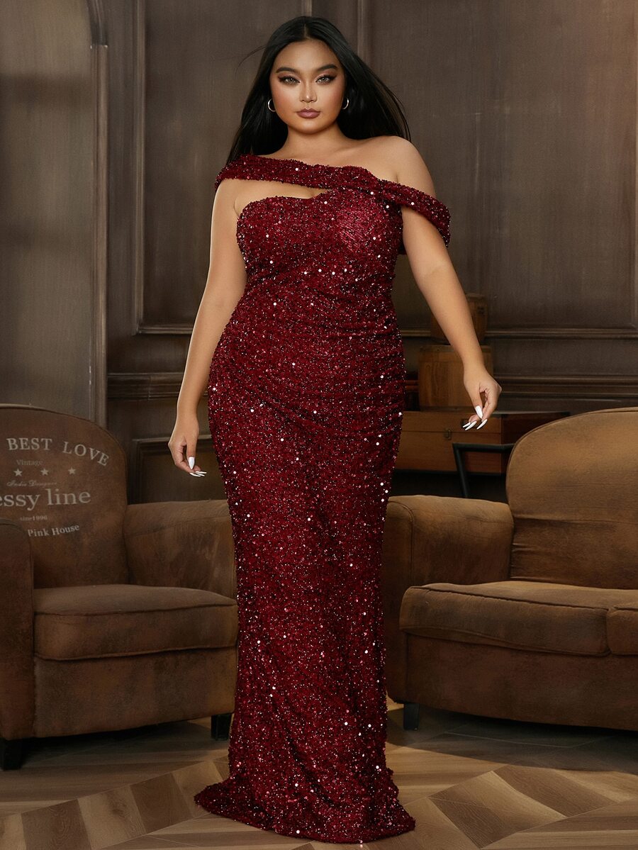 seomiscky 大碼不對稱領鏤空亮片正式連衣裙 - 酒紅色 - 查看 1