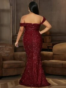 seomiscky 大碼不對稱領鏤空亮片正式連衣裙 - 酒紅色 - 查看 2