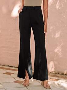 SHEIN Clasi Pantalones de traje bajo con abertura pierna amplia - Negro - Ver 4