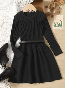 Girls Cable Knit Jumper Dress Without Belt - Black - View 1