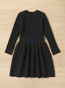 Girls Cable Knit Jumper Dress Without Belt - Black - View 2