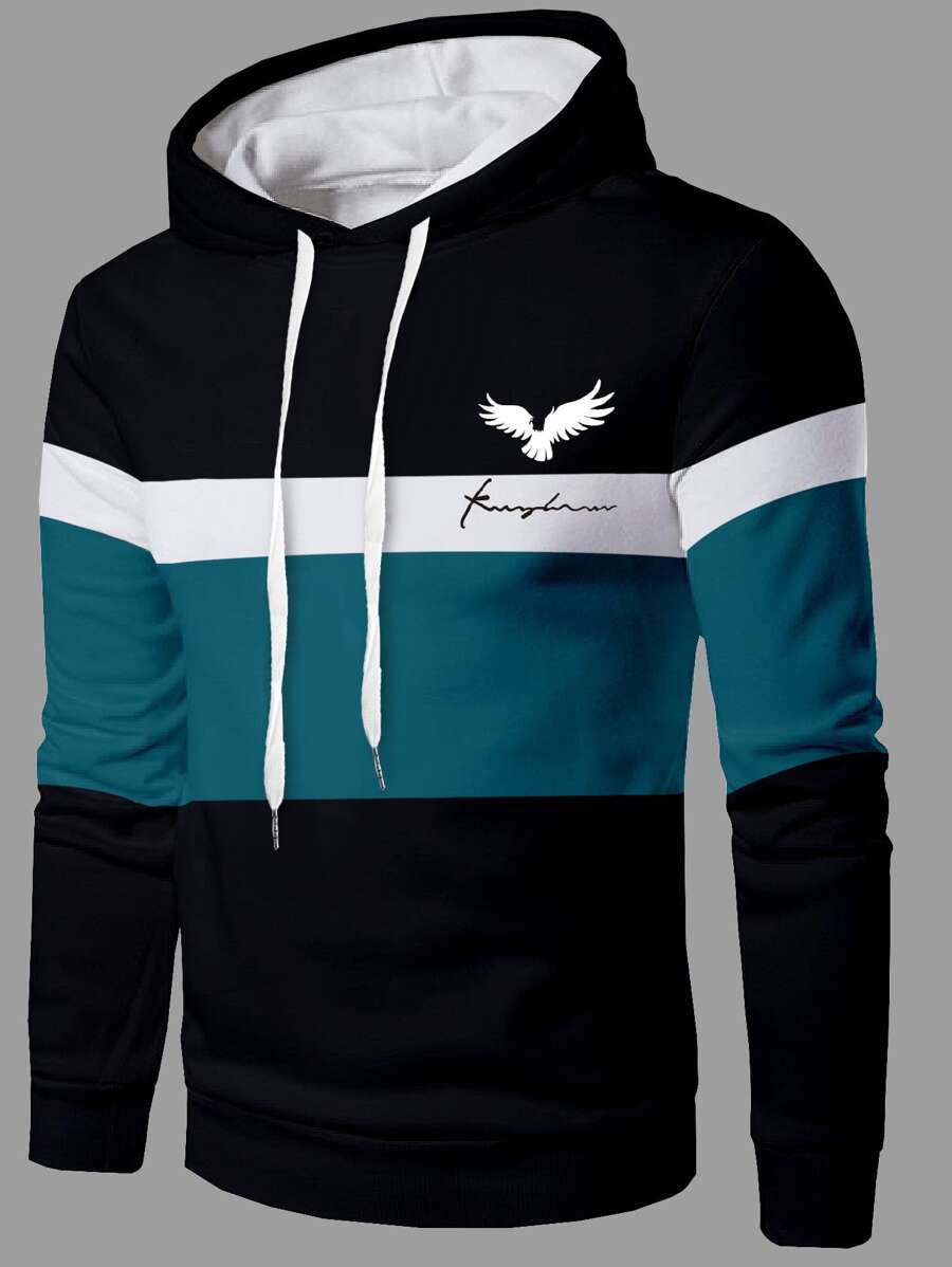 Manfinity Homme Men Color Block Letter Graphic Drawstring Hoodie , Fall, Long Sleeve Top - Multicolor - View 1
