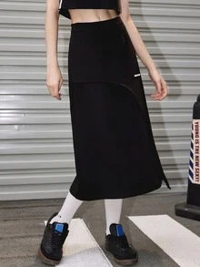 Letter Graphic Split Hem Skirt - Black - View 1