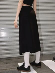 Letter Graphic Split Hem Skirt - Black - View 2