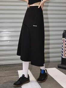Letter Graphic Split Hem Skirt - Black - View 4