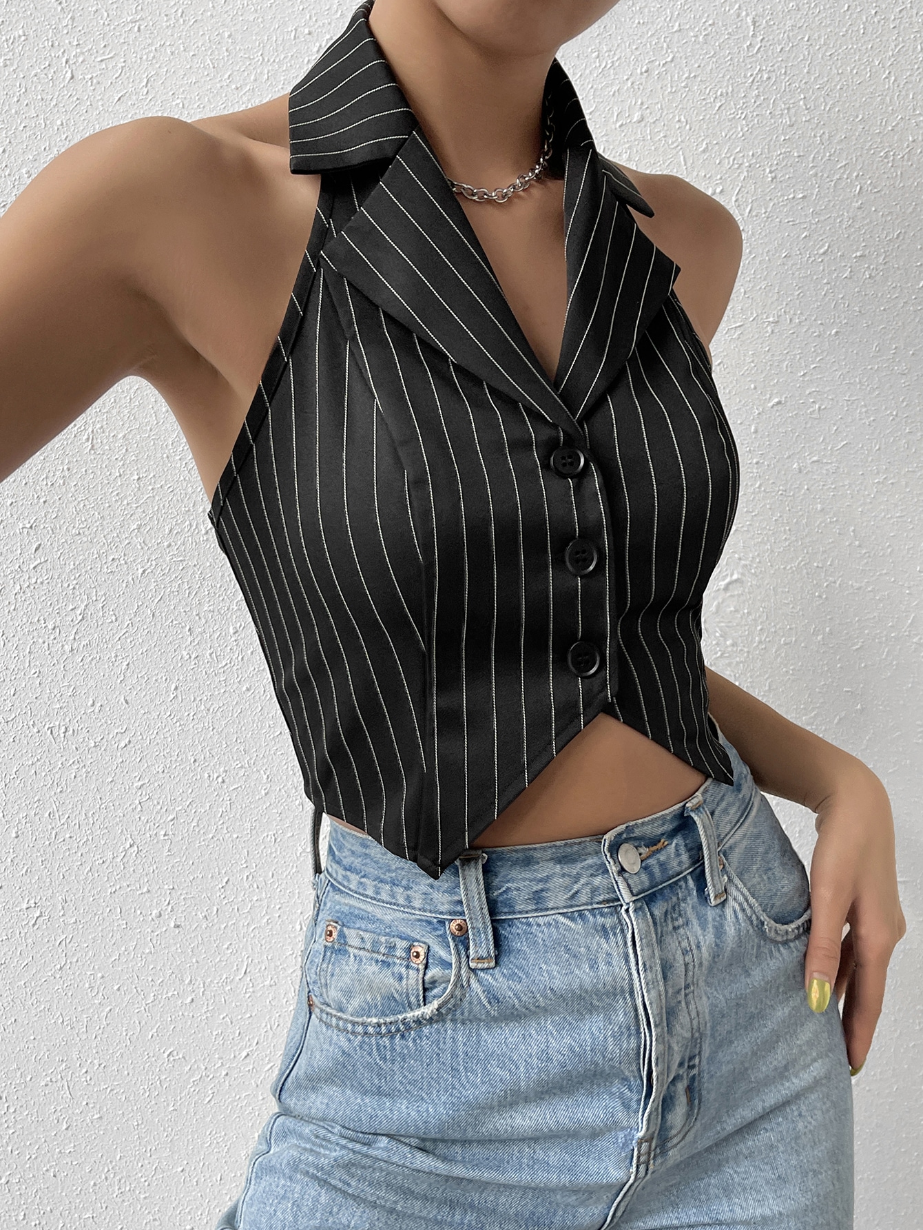 SHEIN SHEIN EZwear Striped Print Backless Crop Halter Neck Vest Blazer