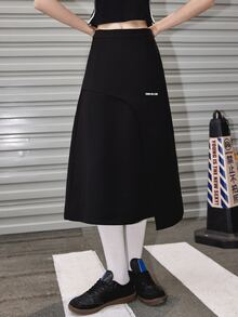 Letter Graphic Split Hem Skirt - Black - View 5