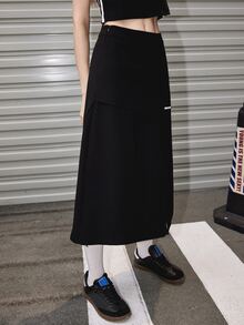 Letter Graphic Split Hem Skirt - Black - View 6