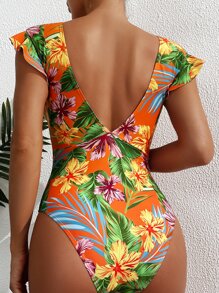 熱帶圖案荷葉邊深V連體泳衣 - 彩色 - 查看 2